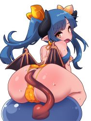 Rule 34 | 1girl, absurdres, arched back, ass, backless panties, bad id, bad twitter id, bare shoulders, blue hair, breasts, brown eyes, cameltoe, cleft of venus, commentary, demon girl, demon wings, flamberge lo, from behind, hair ribbon, highres, horns, looking at viewer, looking back, low wings, nipples, panties, pointy ears, ribbon, ruruie (shinrabanshou), shinrabanshou, simple background, sitting, slime (creature), small breasts, solo, sweat, twintails, underwear, white background, wings, yellow ribbon