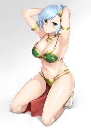 Rule 34 | 1girl, absurdres, alternate costume, armpits, blue eyes, blush, breasts, cleavage, closed mouth, highres, kneeling, large breasts, looking at viewer, lulu-chan92, navel, pelvic curtain, rwby, short hair, silver hair, solo, star wars, star wars: return of the jedi, winter schnee