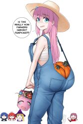 Rule 34 | 5girls, absurdres, ass, blonde hair, blue eyes, blue hair, blue overalls, bocchi the rock!, candy, commentary, cube hair ornament, dismaiden, english commentary, english text, food, gotoh hitori, hair ornament, halloween bucket, halloween costume, hat, highres, hiroi kikuri, holding, ijichi nijika, kita ikuyo, long hair, looking at viewer, looking back, multiple girls, open mouth, overalls, pink hair, pumpkin, purple hair, red hair, shirt, simple background, skittles, sleeveless, sleeveless shirt, snickers (brand), speech bubble, sun hat, white background, white shirt, witch hat, wrapped candy, yamada ryo