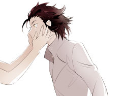 Rule 34 | 1boy, 1other, collared shirt, commentary request, doromame, from side, hands on another&#039;s cheeks, hands on another&#039;s face, long sleeves, male focus, red hair, shirt, shokugeki no souma, short hair, simple background, solo focus, tears, upper body, white background, white shirt, yellow eyes, yukihira jouichirou