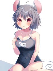 Rule 34 | 1girl, ahoge, alternate costume, animal ears, black one-piece swimsuit, blush, breasts, cleavage, closed mouth, commentary request, expressionless, feet out of frame, grey hair, hair between eyes, looking at viewer, medium breasts, mouse ears, mouse girl, mouse tail, name tag, nazrin, one-piece swimsuit, red eyes, school swimsuit, short hair, siomi 403, sitting, solo, strap slip, swimsuit, tail, touhou, wariza, white background