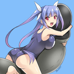 Rule 34 | 10s, 1girl, :d, artist name, ass, barefoot, blue background, blush, breasts, english text, eyebrows, fang, from side, gradient hair, hair ribbon, highres, i-19 (kancolle), inflatable toy, kantai collection, large breasts, long hair, multicolored hair, hugging object, one-piece swimsuit, open mouth, purple hair, red eyes, ribbon, simple background, smile, solo, swimsuit, the-sinner, twintails, two-tone hair, very long hair, white ribbon