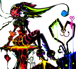 Rule 34 | 1girl, abstract, arms at sides, blonde hair, blue hair, colored eyelashes, colored skin, colorful, crimtrus, elbow gloves, eyeshadow, full body, gloves, green hair, heart, high heels, long hair, looking at viewer, makeup, multicolored hair, noroshi, on table, original, paint, puffy short sleeves, puffy sleeves, purple hair, red hair, shoes, short sleeves, simple background, single thighhigh, sitting, smile, solo, striped clothes, striped thighhighs, table, thighhighs, white background, white skin