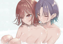 Rule 34 | 2girls, asakura toru, bath, bathing, blue hair, blush, breasts, bubble, bubble bath, cleavage, collarbone, commentary request, completely nude, convenient censoring, gradient hair, highres, higuchi madoka, idolmaster, idolmaster shiny colors, leaning on person, light smile, looking away, mole, mole under eye, multicolored hair, multiple girls, nude, purple hair, red hair, same-sex bathing, shared bathing, simple background, sitting, tiles, umirororo, yuri