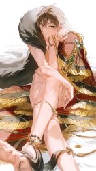 Rule 34 | bracelet, brown eyes, coat, coin, eiden (nu carnival), everydaysleep, fur trim, highres, jewelry, light brown hair, looking at viewer, male focus, naked coat, nu carnival, short hair, sitting, tassel