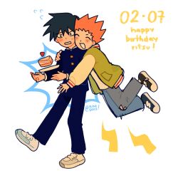 Rule 34 | 2boys, black hair, black pants, blush, cake, cake slice, closed eyes, commentary, dated, denim, english commentary, english text, food, freckles, full body, gakuran, green jacket, hand on another&#039;s shoulder, happy birthday, highres, jacket, jeans, kageyama ritsu, kaogens, letterman jacket, long sleeves, mob psycho 100, multiple boys, open mouth, orange hair, pants, school uniform, shoes, short hair, simple background, smile, sneakers, suzuki shou, white background