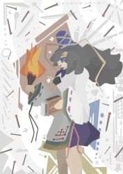 Rule 34 | 1girl, blue eyes, fire, fork, from side, grey hair, hat, highres, japanese clothes, kariginu, llamas yes, long hair, long sleeves, looking at viewer, matchbox, matches, mononobe no futo, no lineart, plate, pom pom (clothes), ponytail, purple skirt, ribbon, ribbon-trimmed sleeves, ribbon trim, skirt, smile, solo, spoon, tate eboshi, touhou, wide sleeves