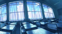 Rule 34 | blue sky, ceiling light, chair, chalkboard, classroom, curtains, day, desk, fisheye, gensuke (ryun), horizon, indoors, no humans, ocean, original, reflection, school, school chair, school desk, sky, still life, table, window