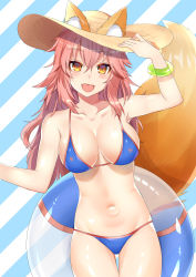 Rule 34 | 1girl, :d, absurdres, animal ears, arm up, atora, bikini, blue bikini, blush, bracelet, breasts, brown eyes, collarbone, cowboy shot, ears through headwear, fang, fate/grand order, fate (series), fox ears, fox print, fox tail, hair between eyes, hand up, hat, highres, innertube, jewelry, large breasts, long hair, looking at viewer, messy hair, navel, open mouth, pink hair, sidelocks, smile, solo, striped, striped background, sun hat, swim ring, swimsuit, tail, tamamo (fate), tamamo no mae (fate/extra), tamamo no mae (swimsuit lancer) (fate)