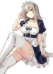 Rule 34 | 1girl, alternate costume, apron, arm support, breasts, choker, enmaided, girls und panzer, gluteal fold, green eyes, grey hair, hair between eyes, hand in own hair, highres, icomochi, itsumi erika, crossed legs, maid, maid apron, maid headdress, medium breasts, solo, sweat, thighs, white background, white legwear