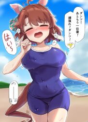 Rule 34 | absurdres, ahoge, animal ears, beach, blush, breasts, clenched hands, closed eyes, collarbone, covered navel, dantsu flame (umamusume), gryebooks, heavy breathing, highres, horse ears, horse tail, large breasts, medium hair, ocean, open mouth, running, school swimsuit, sweat, swimsuit, tail, translation request, umamusume