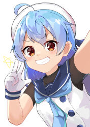 Rule 34 | 1girl, absurdres, ahoge, blue hair, blue neckerchief, blue sailor collar, blush, gloves, grin, hair between eyes, hat, highres, kantai collection, long hair, looking at viewer, neckerchief, osmium-76, red eyes, sado (kancolle), sailor collar, sailor hat, school uniform, serafuku, simple background, smile, solo, star (symbol), upper body, v, white background, white gloves, white hat