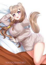 Rule 34 | 1girl, absurdres, animal ears, armpit crease, ass, bare shoulders, bed sheet, breasts, brown hair, chain, cuffs, dress, hair ornament, handcuffs, highres, katou shinobu, large breasts, long hair, looking at viewer, lying, on stomach, purple eyes, raccoon ears, raccoon girl, raccoon tail, raphtalia, restrained, ribbed sweater, short dress, sideboob, sleeveless, sleeveless dress, solo, sweater, tail, tate no yuusha no nariagari, underwear, upskirt, wavy mouth, white dress
