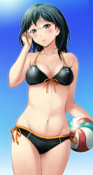 Rule 34 | 10s, 1girl, adjusting hair, ball, beachball, bikini, black bikini, black hair, blue eyes, blue sky, blush, breasts, breasts apart, cleavage, clothes writing, collarbone, cowboy shot, day, front-tie bikini top, front-tie top, glasses, gradient background, groin, haikyuu!!, holding, holding ball, looking at viewer, lowleg, lowleg bikini, mole, navel, outdoors, pink-framed eyewear, rimless eyewear, shian (my lonly life.), shimizu kiyoko, short hair, side-tie bikini bottom, sky, solo, standing, stomach, swimsuit, volleyball (object), wide hips
