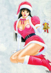 Rule 34 | 1girl, bell, belt, black hair, boots, breasts, character request, christmas, cleavage, earrings, g-taste, gloves, hat, high heel boots, high heels, highres, jewelry, knee boots, large breasts, long hair, looking at viewer, open mouth, panties, red footwear, santa boots, santa costume, santa hat, shiny clothes, shiny skin, smile, solo, underwear, yagami hiroki