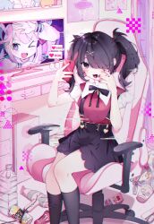Rule 34 | 1girl, absurdres, ame-chan (needy girl overdose), black hair, black nails, black ribbon, black skirt, black socks, cameo, cellphone, chair, chouzetsusaikawa tenshi-chan, collared shirt, cup ramen, curtains, gaming chair, glitch, hair dryer, hair ornament, hair over one eye, hands up, heart, highres, holding, holding phone, indoors, inset, internet overdose, long hair, looking at phone, messy room, monitor, multicolored nails, needy girl overdose, open mouth, peach5828, phone, plastic bottle, poster (object), red nails, red shirt, ribbon, selfie, shelf, shirt, shirt tucked in, sitting, skirt, smartphone, smile, socks, solo, speech bubble, strawberry milk, stuffed toy, suspender skirt, suspenders, swivel chair, table, twintails, x hair ornament