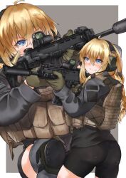 Rule 34 | 1girl, absurdres, ahoge, assault rifle, ayyh, bike shorts, black shirt, blonde hair, blue eyes, bulletproof vest, closed mouth, commission, gloves, green gloves, gun, headset, highres, holding, holding gun, holding weapon, indie virtual youtuber, knee pads, long hair, long sleeves, military, outside border, rifle, second-party source, shirt, smile, solo, sun, virtual youtuber, weapon, whiskey project