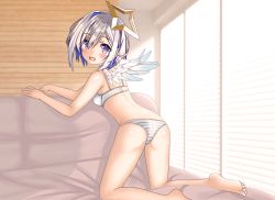 Rule 34 | 1girl, amane kanata, angel wings, blue eyes, blush, bra, breasts, hair ornament, highres, hololive, kiniro tofu, looking at viewer, multicolored hair, open mouth, panties, silver hair, small breasts, star (symbol), star hair ornament, striped clothes, striped panties, two-tone hair, underwear, virtual youtuber, white bra, wings