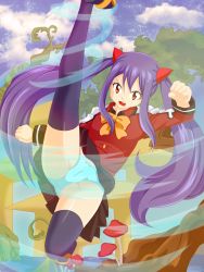 Rule 34 | 1girl, absurdres, arms up, black skirt, black thighhighs, blue panties, blue sky, bow, bow panties, cameltoe, clenched hands, day, energy, fairy tail, female focus, hair ornament, highres, kicking, leg up, long hair, long sleeves, looking at viewer, mushroom, no shoes, open mouth, orange bow, orange eyes, orange footwear, outdoors, panties, planeptune, pleated skirt, purple hair, red shirt, revision, sandals, shiny skin, shirt, shoes, skirt, sky, solo, spread legs, standing, standing on one leg, teeth, thighhighs, twintails, underwear, upskirt, wendy marvell