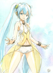 Rule 34 | aqua eyes, aqua hair, bare shoulders, commentary, cowboy shot, crop top, epoxy putty, hair tie, hatsune miku, headphones, long hair, looking at viewer, midriff, navel, necktie, painting (medium), project diva (series), shirt, short necktie, short shorts, shorts, sleeveless, sleeveless shirt, smile, solo, standing, traditional media, twintails, very long hair, vocaloid, watercolor (medium), white necktie, white shirt, white shorts, wrist cuffs, yellow (vocaloid)