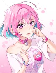 Rule 34 | 1girl, ahoge, blue hair, blush, breasts, choker, collar, collarbone, commentary request, earrings, fang, garglin, hair between eyes, heart, heart on chest, idolmaster, idolmaster cinderella girls, jewelry, looking at viewer, medium breasts, multicolored hair, open mouth, pill earrings, pink eyes, pink hair, ring, shirt, short hair, short sleeves, simple background, solo, t-shirt, tearing up, tears, two-tone hair, wrist cuffs, wristband, yumemi riamu