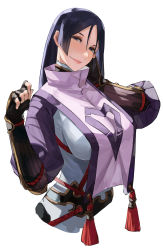 Rule 34 | 1girl, armor, black gloves, blazpu, bodysuit, breasts, elbow gloves, fate/grand order, fate (series), fingerless gloves, gloves, highres, japanese armor, kote, large breasts, long hair, looking at viewer, minamoto no raikou (fate), parted bangs, purple bodysuit, purple eyes, purple hair, ribbed sleeves, rope, simple background, smile, solo, tabard, tassel, very long hair, white background