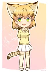 Rule 34 | 10s, 1girl, :d, adapted costume, animal ears, arms behind back, bad id, bad pixiv id, blonde hair, bow, bowtie, cat ears, cat tail, chibi, commentary request, cosplay, extra ears, fennec (kemono friends), fennec (kemono friends) (cosplay), full body, green eyes, highres, kemono friends, looking at viewer, open mouth, outline, pink background, pleated skirt, sand cat (kemono friends), shiraha maru, short hair, short sleeves, simple background, skirt, smile, solo, striped tail, tail, thighhighs, white outline, white skirt