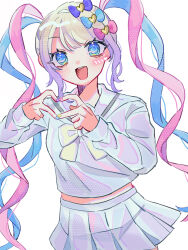Rule 34 | 1girl, :d, blonde hair, blue bow, blue eyes, blue hair, blue serafuku, blue shirt, blue skirt, bow, chouzetsusaikawa tenshi-chan, commentary, cowboy shot, english commentary, gradient hair, hair bow, hands up, heart, heart hands, highres, long hair, long sleeves, looking at viewer, multicolored hair, multiple hair bows, needy girl overdose, open mouth, pink bow, pink hair, pleated skirt, po (pink0035uw), purple bow, purple hair, quad tails, sailor collar, school uniform, serafuku, shirt, simple background, skirt, smile, solo, standing, very long hair, white background