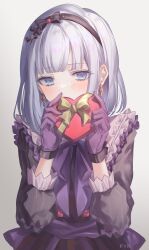 Rule 34 | 1girl, artist name, bad id, bad twitter id, black bow, black hairband, blue eyes, blunt bangs, blush, bow, box, candle no kaori wa omoide to tomo ni (project sekai), covered mouth, covering own mouth, dress, earrings, frilled dress, frills, gift, gift box, gift wrapping, gloves, gradient background, grey background, hair bow, hairband, hands up, heart-shaped box, highres, holding, holding box, holding gift, jewelry, light frown, long sleeves, medium hair, official alternate costume, official alternate hair length, official alternate hairstyle, por ( por tt), project sekai, purple bow, purple gloves, purple theme, shy, signature, simple background, solo, striped sleeves, upper body, valentine, vertical-striped sleeves, white hair, yellow bow, yoisaki kanade