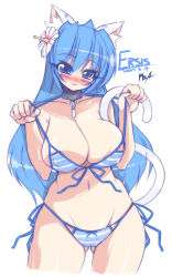 Rule 34 | 1girl, animal ears, bikini, bikini pull, blue hair, blue theme, blush, breast lift, breasts, cat ears, cat tail, cleavage, clothes pull, collar, covered erect nipples, cowboy shot, curvy, ersis, fat mons, flower, groin, hair flower, hair ornament, hibiscus, hip focus, huge breasts, looking at viewer, mel/a, micro bikini, original, paw pose, plump, prehensile tail, presenting, pulling own clothes, side-tie bikini bottom, simple background, solo, string bikini, striped bikini, striped clothes, swimsuit, tail, thigh gap, white background, wide hips