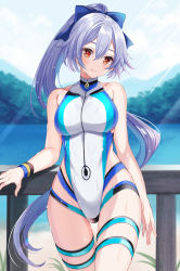 Rule 34 | 1girl, bare shoulders, blue bow, blue one-piece swimsuit, bow, breasts, collarbone, commentary, competition swimsuit, fate/grand order, fate (series), hair between eyes, hair bow, harimoji, head tilt, large breasts, long hair, looking at viewer, multicolored clothes, multicolored swimsuit, one-piece swimsuit, ponytail, railing, red eyes, silver hair, solo, swimsuit, thigh strap, thighs, tomoe gozen (fate), tomoe gozen (swimsuit saber) (fate), tomoe gozen (swimsuit saber) (first ascension) (fate), wet, white one-piece swimsuit