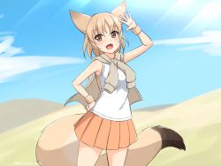 Rule 34 | 1girl, :d, absurdres, animal ears, arm up, bare arms, blonde hair, blue sky, brown eyes, cloud, cowboy shot, day, desert, extra ears, fox ears, fox girl, fox tail, hand on own hip, highres, jacket, jacket on shoulders, kemono friends, large tail, looking at viewer, open mouth, orange skirt, outdoors, pale fox (kemono friends), pleated skirt, shiraha maru, shirt, short hair, skirt, sky, sleeveless, sleeveless shirt, smile, solo, sunlight, tail, tied jacket, twitter username, wristband