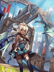 Rule 34 | 10s, 1girl, :d, arm at side, armor, armored dress, black gloves, black thighhighs, blue dress, blue sky, breastplate, building, cloud, dark-skinned female, dark skin, day, dragon, dress, dutch angle, eruthika, flag, gloves, granblue fantasy, grass, hair between eyes, highres, holding, holding weapon, long hair, looking at viewer, mini dragon, open mouth, outdoors, pointing, red eyes, short dress, sky, sleeveless, smile, solo, string, sword, thighhighs, tower, weapon, white hair, zooey (granblue fantasy)