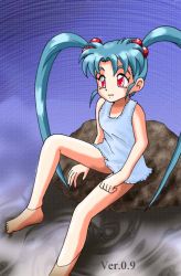 Rule 34 | 1girl, artist request, blue hair, child, feet, hair ornament, in water, long hair, masaki sasami jurai, nightgown, pretty sammy, pretty sammy (character), red eyes, rock, simple background, source request, tenchi muyou!, water, writing