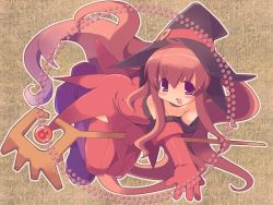 Rule 34 | 1girl, bent over, blush, boots, cierra (riviera), elbow gloves, gloves, hat, long hair, purple eyes, red hair, red thighhighs, riviera, solo, staff, thigh boots, thighhighs, very long hair, wallpaper, witch, witch hat, zankuro