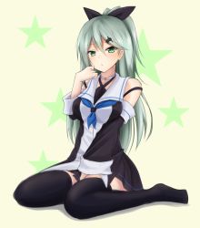 Rule 34 | 1girl, alternate costume, alternate hairstyle, aqua eyes, aqua hair, between legs, black dress, black ribbon, black skirt, black thighhighs, breasts, commentary request, cosplay, denpa (denpae29), detached sleeves, dress, hair ornament, hair ribbon, hairclip, hand between legs, highres, kantai collection, long hair, looking at viewer, medium breasts, miniskirt, open mouth, pleated skirt, ponytail, ribbon, sitting, skirt, solo, star (symbol), starry background, suzuya (kancolle), thighhighs, wariza, wide sleeves, yamakaze (kancolle), yamakaze (kancolle) (cosplay)