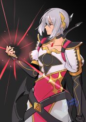 Rule 34 | 1boy, asymmetrical clothes, black background, black choker, choker, closed mouth, fire emblem, fire emblem engage, hair between eyes, hair ornament, highres, lamb (contra entry), looking to the side, male focus, nintendo, rafal (fire emblem), red eyes, short hair, simple background, solo, white hair