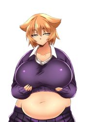 Rule 34 | 1girl, :o, belly, bnc (bunshi), borrowed character, breast hold, breasts, brown eyes, brown hair, collarbone, collared shirt, expressionless, fat, fuchibeppu chiyuri, hair flaps, half-closed eyes, highres, huge breasts, looking at viewer, midriff, navel, original, parted lips, plump, shirt, short hair, sleeves past wrists, solo, sweater, undersized clothes, yellow eyes