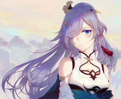 Rule 34 | 1girl, :|, blue eyes, cleavage cutout, closed mouth, clothing cutout, commentary request, detached sleeves, earrings, eyebrows hidden by hair, fu hua, fu hua (azure empyrea), hair ornament, hair over one eye, hairpin, highres, honkai (series), honkai impact 3rd, jewelry, long hair, looking at viewer, one eye covered, purple hair, silence (pixiv18541142), single earring, very long hair, waist sash