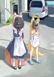 2girls absurdres animal_ear_fluff animal_ears apron black_footwear blonde_hair blue_dress blue_footwear brown_hair bush car covered_face crocs dress fox_ears fox_tail highres long_sleeves maid_apron maid_headdress manabe_mana mary_janes motor_vehicle multiple_girls original outdoors pantyhose pigeon-toed shadow shirt shoes single_bare_shoulder standing tail welding_mask white_pantyhose white_shirt