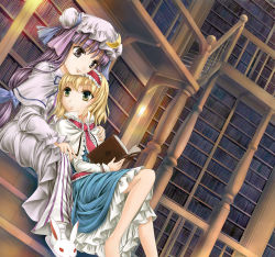 Rule 34 | 2girls, alice margatroid, bad id, bad pixiv id, barefoot, blonde hair, blue dress, book, bookshelf, double bun, dress, dutch angle, female focus, frilled sleeves, frills, hair bun, hairband, hand on shoulder, hat, holding, indoors, library, long hair, long sleeves, multicolored eyes, multiple girls, patchouli knowledge, purple eyes, purple hair, rabbit, ribbon, room, slippers, stairs, striped, too many, too many books, touhou, voile, yellow eyes, yuki shuuka, yuri