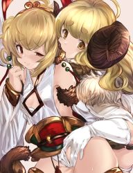 Rule 34 | 2girls, absurdres, ahoge, andira (granblue fantasy), anila (granblue fantasy), animal ears, bare shoulders, biting, blonde hair, blush, grabbing another&#039;s breast, breasts, detached sleeves, draph, ear biting, erune, eyebrows, gloves, grabbing, granblue fantasy, hairband, hand under clothes, highres, horns, lips, long hair, maou (maoudaisukiya), monkey ears, monkey tail, multiple girls, red eyes, sheep horns, short hair, simple background, skirt, small breasts, sweat, tail, thighhighs, very long hair, white legwear, yellow eyes, yuri