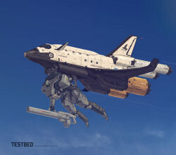 Rule 34 | absurdres, assault visor, blue sky, canards, commentary, day, english commentary, gun, highres, holding, holding gun, holding weapon, insignia, mecha, nasa, nasa logo, no humans, nomansnodead, original, outdoors, redesign, robot, science fiction, sky, space shuttle, spacecraft, vehicle focus, weapon