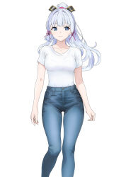 Rule 34 | 1girl, absurdres, alternate costume, ayaka (genshin impact), blue hair, blunt tresses, breasts, chinese knot, clip studio paint (medium), closed mouth, collarbone, commentary, contemporary, denim, english commentary, genshin impact, hair ornament, hair ribbon, highres, infra red44, jeans, light blue hair, long hair, looking to the side, medium breasts, mole, mole under eye, pants, pink ribbon, ponytail, ribbon, shirt, shirt tucked in, short sleeves, smile, solo, tight clothes, tress ribbon, white background, white shirt