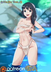 Rule 34 | 1girl, :d, akari (pokemon), black eyes, black hair, blurry, blurry background, breasts, cleavage, creatures (company), day, female focus, fundoshi, game freak, ghta, japanese clothes, long hair, looking at viewer, nintendo, open mouth, outdoors, pokemon, pokemon legends: arceus, sarashi, smile, solo, standing, tagme, teeth, thighs, tongue, underboob, water, wet, wet clothes