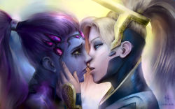 Rule 34 | 2girls, adapted costume, blonde hair, blue eyes, colored skin, eye contact, halo, highres, imminent kiss, linblack, looking at another, mechanical halo, mercy (overwatch), multiple girls, overwatch, overwatch 1, purple skin, runny makeup, tears, widowmaker (overwatch), yellow eyes, yuri