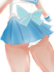 Rule 34 | 1girl, ass, back bow, bishoujo senshi sailor moon, blue bow, blue skirt, bow, cameltoe, from behind, gloves, head out of frame, hidarikiki no akihito, legs, leotard, lower body, magical girl, mizuno ami, outstretched arms, panties, sailor mercury, sailor senshi uniform, skirt, solo, standing, thighs, underwear, upskirt, white panties