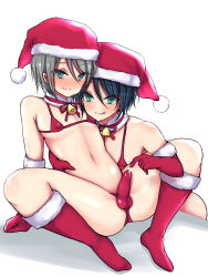 Rule 34 | 2boys, bikini, blue eyes, blush, bulge, christmas, crossdressing, elbow gloves, erection, erection under clothes, gloves, hat, highres, looking at viewer, male focus, momoyama, multiple boys, original, precum, red bikini, silver hair, smile, spread legs, swimsuit, tongue, tongue out, trap, trap on trap, yaoi
