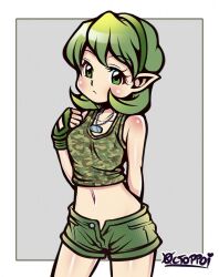 Rule 34 | 1girl, artist name, border, camouflage, camouflage shirt, closed mouth, commentary request, eyelashes, green eyes, green hair, green shorts, highres, jewelry, medium hair, midriff, navel, necklace, nintendo, outside border, pointy ears, saria (zelda), shirt, shorts, simple background, solo, standing, thaumana, the legend of zelda, the legend of zelda: ocarina of time, white background, white border