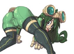 Rule 34 | 10s, 1girl, :&gt;, :p, all fours, ass, asui tsuyu, black eyes, black hair, bodysuit, boku no hero academia, boots, colorized, frog girl, from behind, gloves, goggles, goggles on head, green hair, long hair, monster girl, solo, thigh boots, thighhighs, tongue, tongue out, zsky
